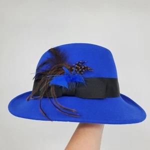 Vintage Uno Alla Volta Church Lady Blue Felt Kentucky Derby Feather Flower Hat - Picture 1 of 8