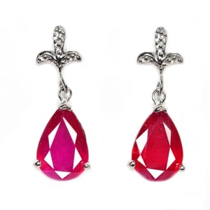 925 STERLING SILVER NATURAL TOP BLOOD RED RUBY PEAR 12X8 MM.  DROP EARRING - Picture 1 of 6