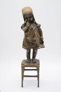 Vintage 11.5" Bronzed Sculpture / Statue Juan Clara Girl Picking Nose on Stool - Picture 1 of 9