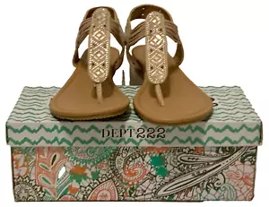 Dept222 T-Strap Women’s 10M Made In Italy Sandals Tan w/ Rhinestones Shoes NIB - Picture 1 of 7