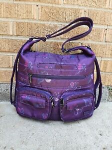 Lug Zipliner Convertible Hobo Backpack Floral Purple Satin Nylon