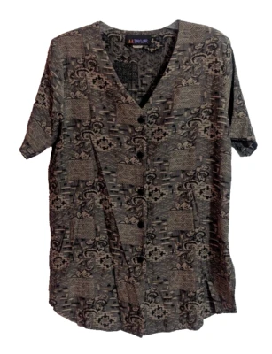 Vtg 80s JJ TAYLOR Khaki Black Short Sleeve Button Up Top Medium U1 Grunge Goth - Image 1 of 4