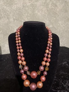 Vintage Retro Choker Aurora Borealis Crystal Pink Beaded Necklace 2 Strand 17-20 - Picture 1 of 8