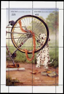 DALMATIAN SPOTTED COACH Dog Postage Stamp Mini Sheet Abkhazia - 1996 "Used" Bike - Picture 1 of 1