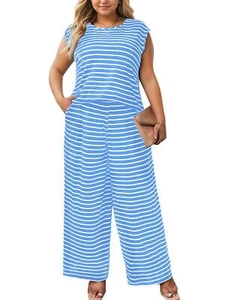 Women Colorblock Stripe Camisole Top And Wide Leg Pants Set NEW - Picture 1 of 14