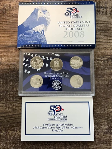 2008-S US Mint State Quarters Proof Set- 4 Coins - COA and Original Box Cover