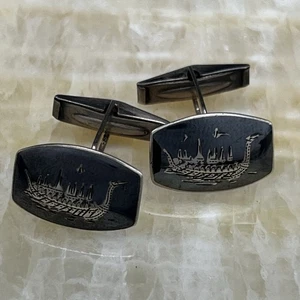 Vintage Sterling Silber .925 Siam Manschettenknöpfe Niello Drachenboot 7,7 gr - Bild 1 von 7