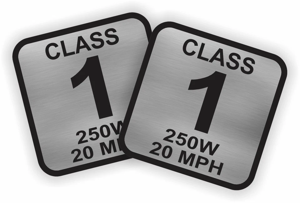 Par de calcomanías plateadas cuadradas de bicicleta eléctrica clase 1 de 2" 250 W 20 MPH Foto 1 de 1