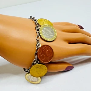 Coin Charm Bracelet 925 Ireland Coins 57.4 grams Sterling Silver Euro Money 2002 - Picture 1 of 17