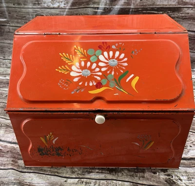 Vintage Ransburg Bread Box Pie Safe Vented 2 Door Shelf Orange Red Daisy Metal - Image 1 of 4