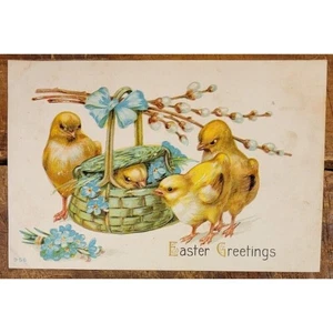Saludos de Pascua - Pollitos y cesta, sauce coño - Postal 1907-1915 - Imagen 1 de 2