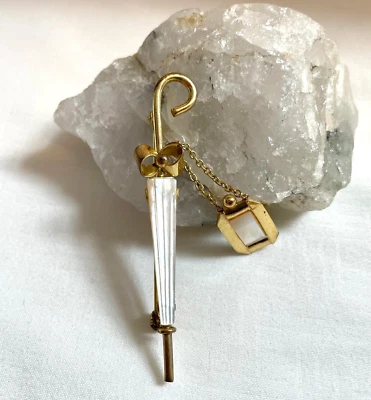 Rare Vintage Knirps Umbrella Brooch Gold Tone & Mother of Pearl Pin Promotional - Image 1 of 4