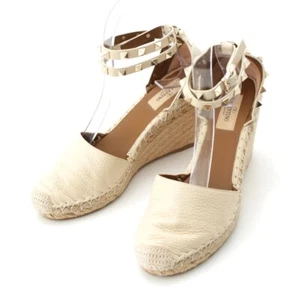 VALENTINO leather Rockstud wedge espadrilles Sandals shoes Ivory 37 - Picture 1 of 16