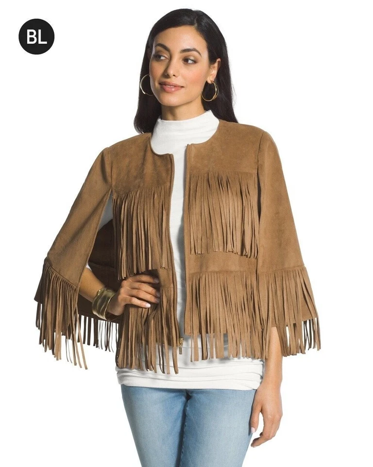Chicos XS 4 US Black Label Fringe Jacket Top Suede Cognac $179 Cape Vest 8051 - Image 1 of 4
