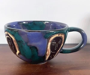 Design By Mara Mexican Art Pottery Large Stoneware Mug Women's Faces Signed 5.25 - Picture 1 of 12