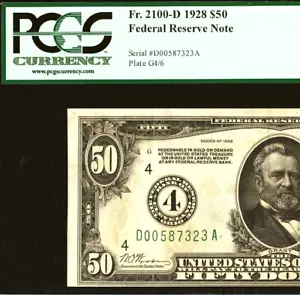 1928 $50 Federal Reserve Note - PCGS 35 - Redeemable in Gold - Fr 2100-D - Picture 1 of 3