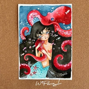 2021 SYBILE ART pintura original de sirena acuarela ""Pulpo reina"" manzana mala" - Imagen 1 de 3