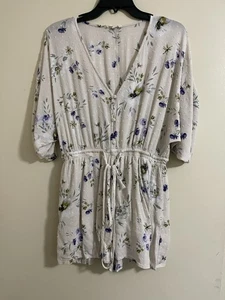 Promesa Vneck Button Roll Tab Sleeve Floral Romper Elastic Drawstring Waist Sz L - Picture 1 of 6