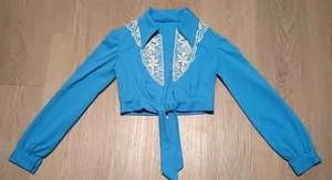Vtg 60s 70s Robin's Egg Blue Open Front Lace Cropped Bolero Jacket Top Shrug XS - Picture 1 of 16