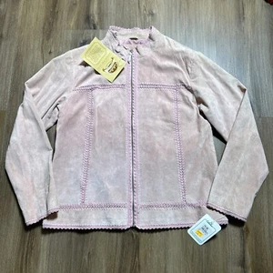 Cabela's Womens Large Suede Leather Pink Jacket Zip Up Crochet Trim Stitching - Picture 1 of 14