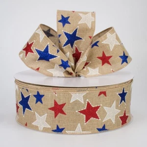 5 YARDS 2 1/2" WIDE WIRED EDGE RIBBON NATURAL WITH RED WHITE AND BLUE STARS - Picture 1 of 2