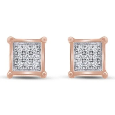 Natural Diamond Square Stud Earrings Men Ladies 14K Rose Plated Gold Silver - Image 1 of 3