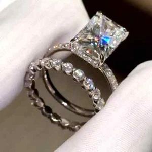 2.85 TCW Radiant Cut Moissanite Bridal Set Engagement Ring Solid 9k White Gold - Picture 1 of 11