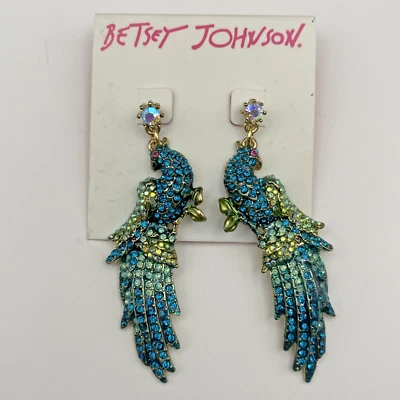 Pendientes Betsey Johnson Keeping Up With The Critters Peacock Bird cristal verde azulado Foto 1 de 4