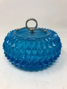 Indiana Glass Diamond Point Blue Glass Powder Jar Candy Dish Vintage Vanity - Picture 1 of 16