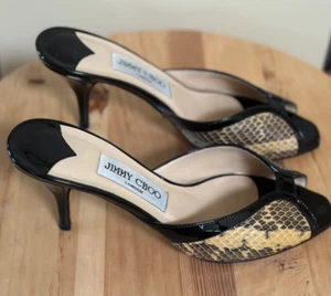 JIMMY CHOO Black Snakeskin Mules Peep Toe 3" Heels 36.5 Perfect Condition! - Picture 1 of 6