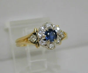 Vintage English 18K Two Tone Gold Natural Sapphire & Diamond Halo Ring~Size 4 - Picture 1 of 10