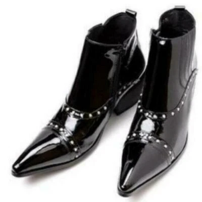 Men's Rivet Pointy Toe Cuban Heel Ankle Boots Shiny Leather Casual Chelsea Shoes - Image 1 of 4