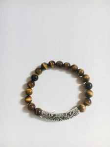 Tigers Eye & Tibetan Silver 10MM Beaded Bracelet "8.5” Mens Gemstone Jewellery - Picture 1 of 3