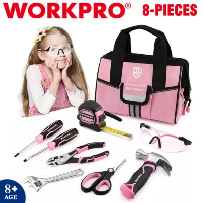 WORKPRO 9Piece Kid Real Hand Tool Set Pink Junior Tool Kit Children DIY Building - Image 1 of 4