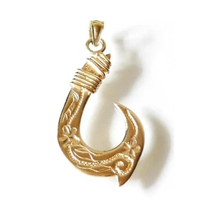 14K Solid Yellow Gold Hawaiian Design Lucky Fish Hook Pendant.C1710-10 - Picture 1 of 2