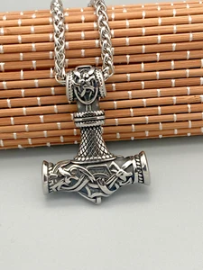 Thors Hammer Mjölnir Edelstahl Anhänger silber mit 4mm-Kette Wikinger Halskette - Bild 1 von 6