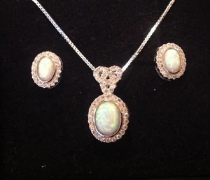 Sterling Silver Fire Opal C-Z sparkling oval Pendant Necklace & Earrings Set - Picture 1 of 10