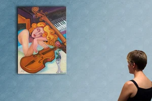 39" GIRL WITH VIOLIN -- original cubist oil on canvas painting by ANNA !!! - Picture 1 of 8