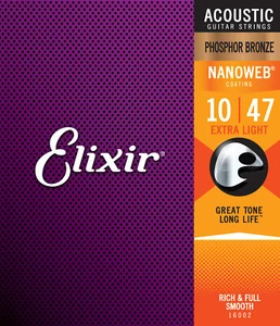 Cuerdas para guitarra acústica Elixir 16002 Nanoweb Phosphor Bronze .010-.047 Ex Light - Imagen 1 de 1