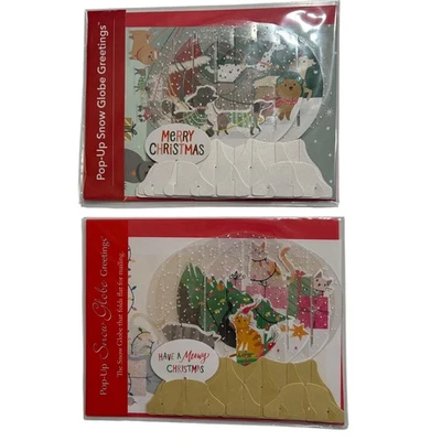 2 Pop Up Snow Globe Greetings Christmas Holiday Card Set Dog Cat NEW - Image 1 of 4
