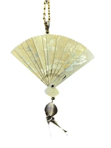 VTG 1970s Chinese Phoenix & Crane Etched Folding Fan Pendant Gold Chain Asian - Picture 1 of 5
