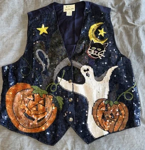 VTG The Quacker Factory Sequined Halloween Vest 1X Ghost Pumpkins Moon Black Cat - Picture 1 of 12