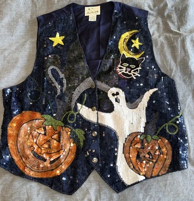 VTG The Quacker Factory Sequined Halloween Vest 1X Ghost Pumpkins Moon Black Cat - Image 1 of 4