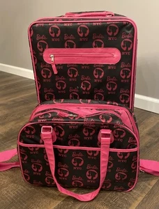 Barbie Fly Away Rolling 2 PC Luggage Set 2011 Mattel 22” Carry-On Pink Black HTF - Picture 1 of 22