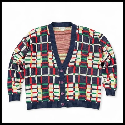 Cárdigan Suéter Cabin Creek Vintage Años 90 Multicolor Tejido a Cuadros Mujer XL Hecho en EE. UU. Foto 1 de 4