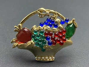 Vintage Brosche bunt gemischt Obst Salat Korb goldfarben Strass Anstecknadel - Bild 1 von 7
