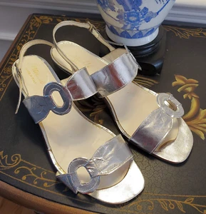 Vintage Danelle Socialite Sandals Silver Laminated Leather Made in Italy Lo Heel - Picture 1 of 24