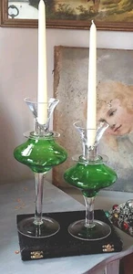 Unique Emerald Green Art Glass Taper Candlestick Candle Holders Set Of 2 - Picture 1 of 10