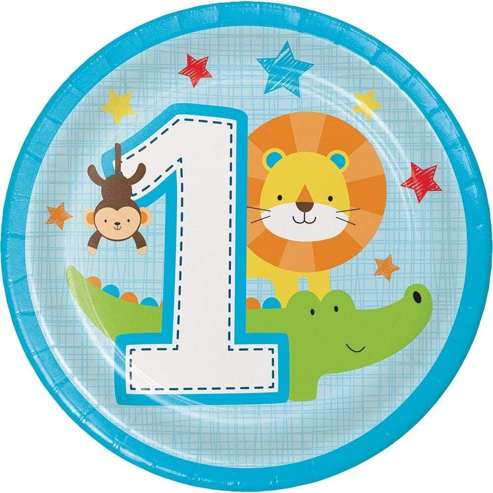 One is Fun Boy Blue Jungle Animals 1st Birthday Party 7" Paper Dessert Plates - Image 1 of 1