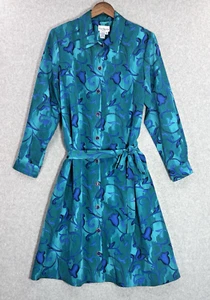 Vintage 80er Gay Boyer Kleid extra groß blau grün Blumen Knopfleiste Gürtel - Bild 1 von 13